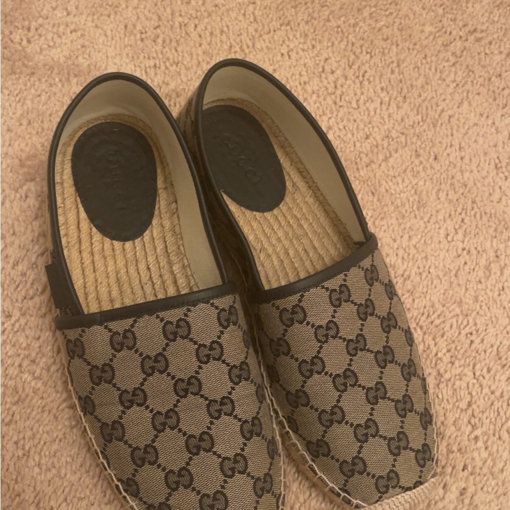Gucci Monogram Canvas Slip-On Espadrilles in Tan and Brown
